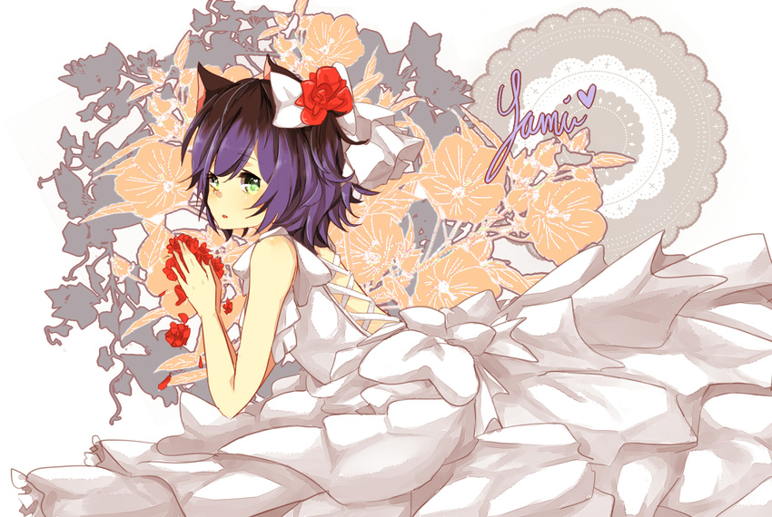 animal_ears black_hair blue_hair cat_ears dress flower gradient_hair hair_flower hair_ornament heart highres male_focus matsurika multicolored_hair otoko_no_ko ryoune_yami sleeveless solo utau wedding_dress