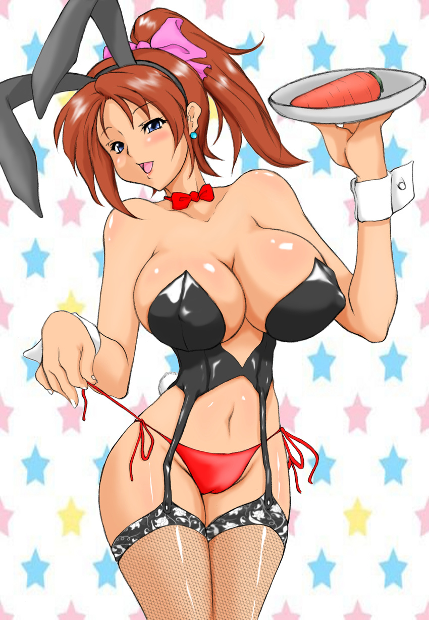 1girl animal_ears bare_shoulders blue_eyes breasts brown_hair bunny_ears bunny_girl bunny_tail cameltoe carrot covered_nipples curvy earrings erect_nipples female fishnets garter_straps hair_ornament hair_ribbon highres huge_breasts jewelry lion_(abc3639) navel open_mouth panties ponytail rai_on_(abc3639) red_panties ribbon short_ponytail solo standing string_panties tail thighhighs underwear waitress