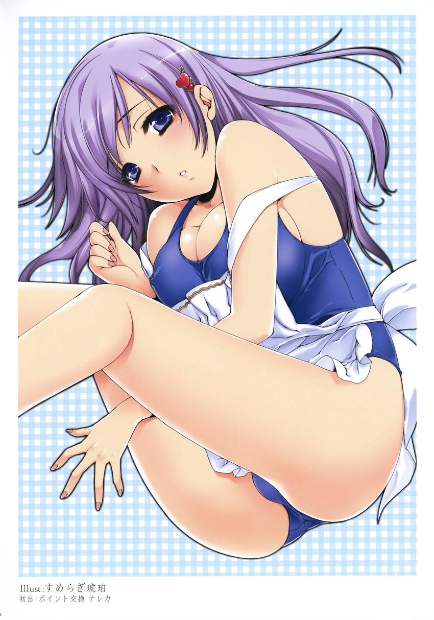 absurdres apron ass bare_shoulders blue_background blush breasts cleavage copyright_request covered_nipples hair_ornament heart heart_hair_ornament highres large_breasts legs long_hair looking_at_viewer one-piece_swimsuit polka_dot polka_dot_background purple_eyes school_swimsuit simple_background solo sumeragi_kohaku swimsuit swimsuit_under_clothes