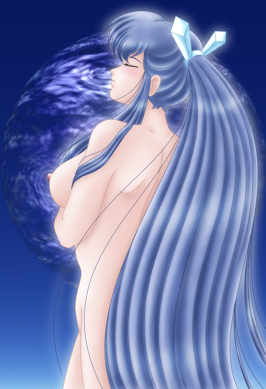 absurdres blue_hair blush breasts closed_eyes highres long_hair medium_breasts nipples nude oyuki_(urusei_yatsura) ponytail shori urusei_yatsura very_long_hair