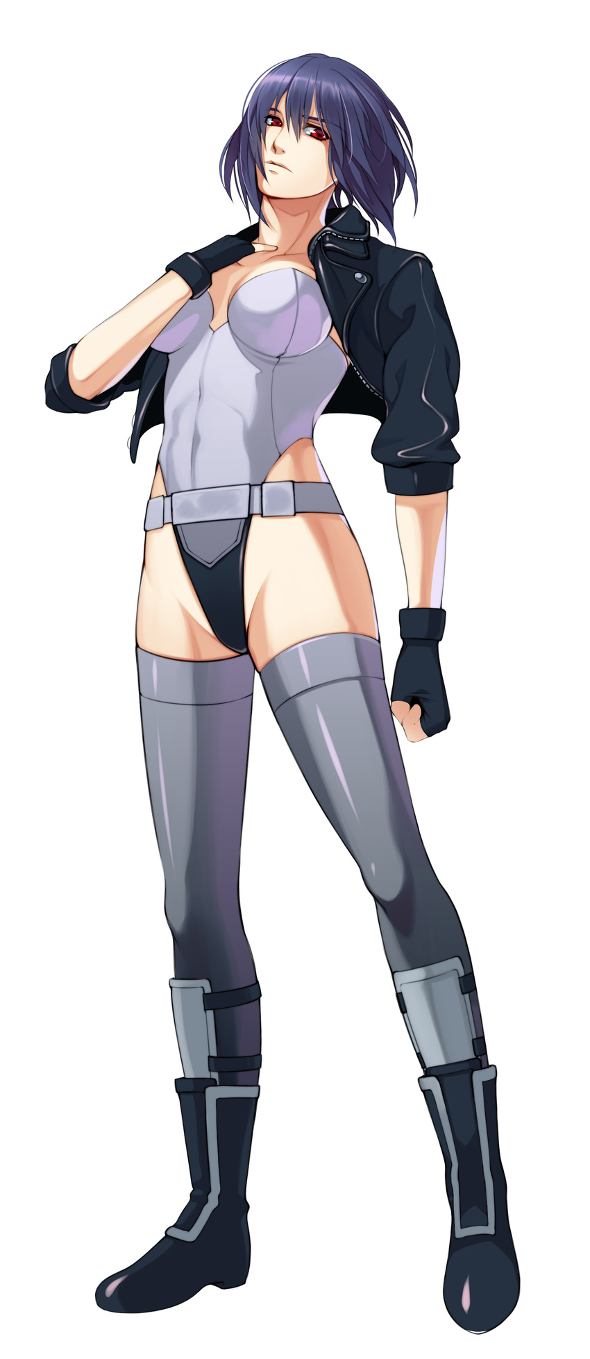 absurdres boots breasts cleavage cropped_jacket fingerless_gloves ghost_in_the_shell gloves highres jacket kusanagi_motoko leather leather_jacket leotard medium_breasts purple_hair ra-ya_hinata red_eyes short_hair solo thighhighs