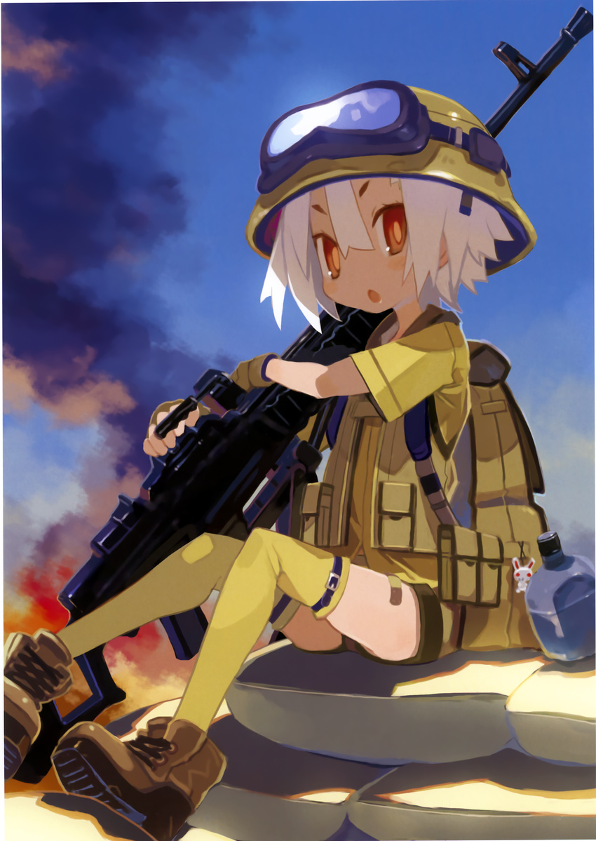 :o absurdres backpack bag boots canteen fingerless_gloves flak_jacket gloves goggles goggles_on_headwear gun hair_between_eyes harada_takehito helmet highres open_mouth orange_eyes original sandbag short_hair short_shorts shorts sitting sky solo thighhighs uniform usagi-san weapon white_hair yellow_legwear