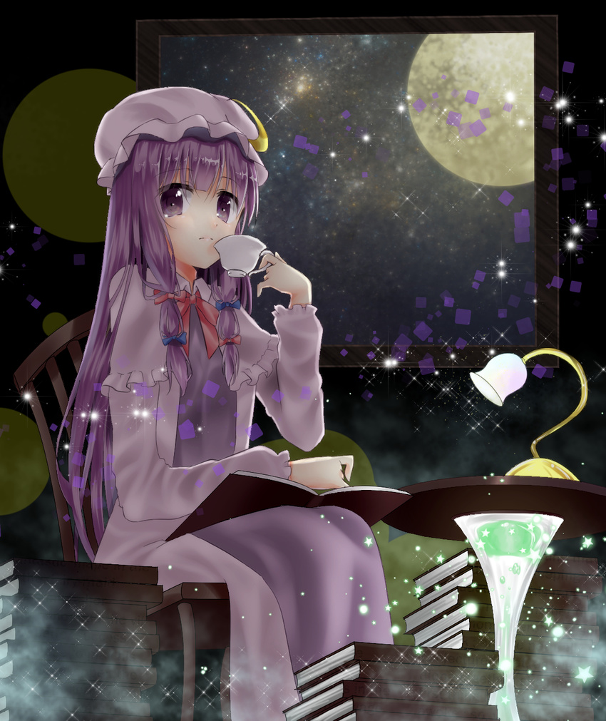 book crescent cup hands hat highres lamp long_hair moon night patchouli_knowledge purple_eyes purple_hair solo sparkle teacup tika_(mika4975) touhou window witch_hat