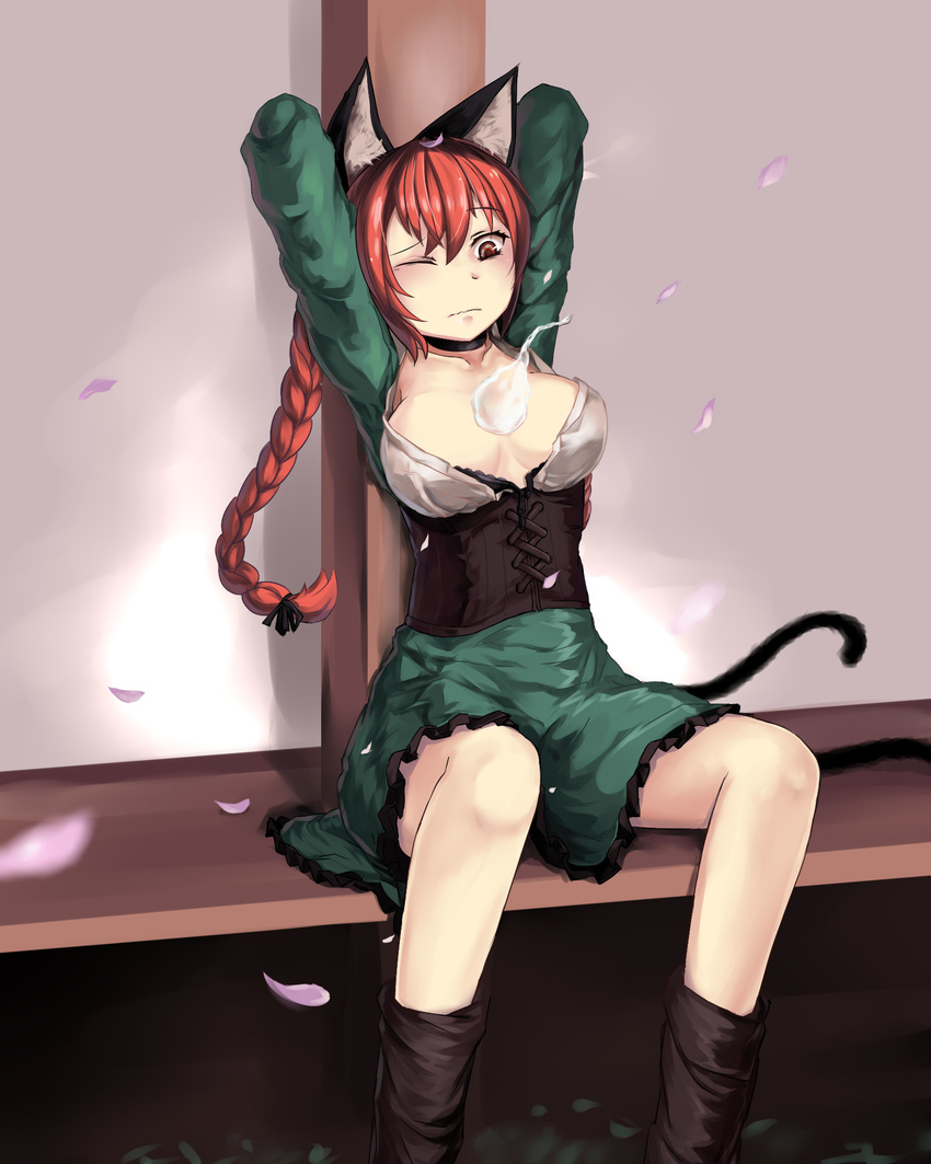 463_jun animal_ears arms_behind_head arms_up braid breasts cat_ears cat_tail choker cleavage collarbone corset dress green_dress highres kaenbyou_rin large_breasts long_hair one_eye_closed petals red_eyes red_hair sitting solo tail touhou twin_braids underbust