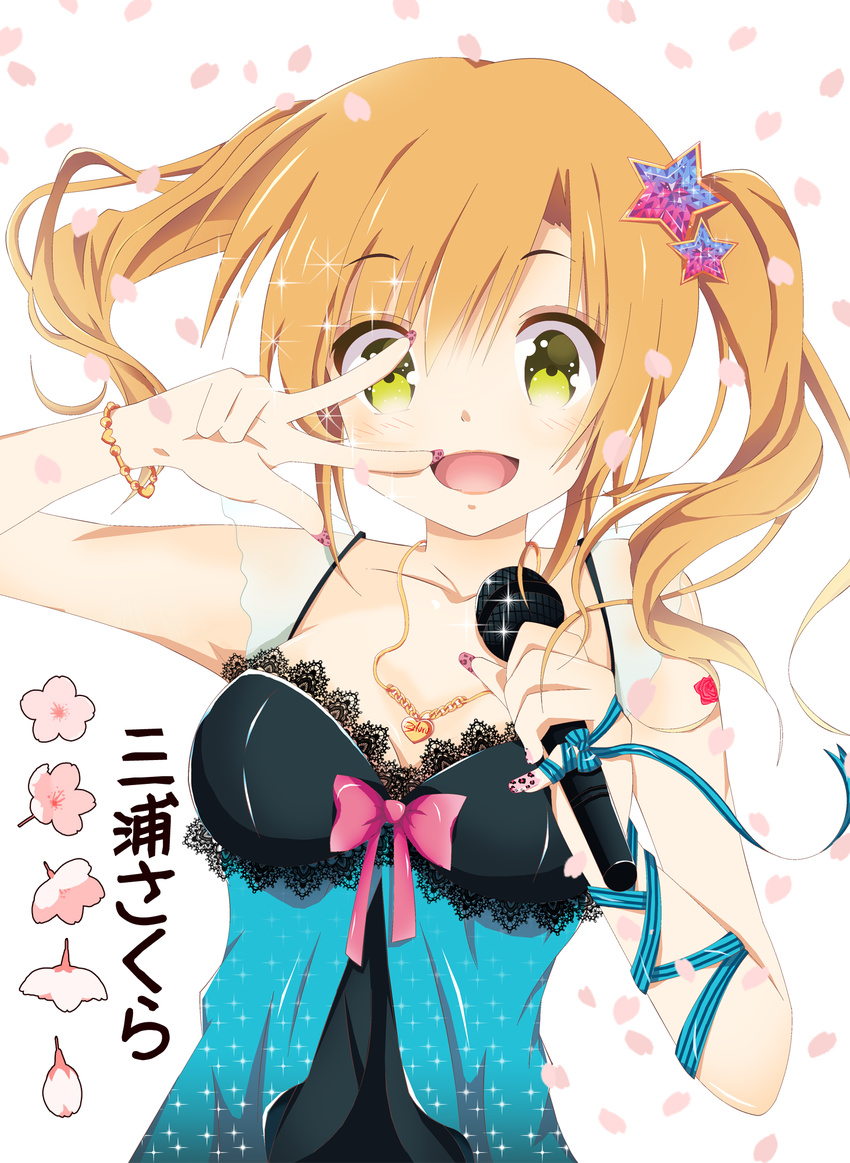 blush bracelet brown_hair cherry_blossoms green_eyes hair_ornament highres jewelry long_hair microphone music nail_art nail_polish necklace open_mouth original petals ribbon rurime singing smile solo twintails v wrist_ribbon