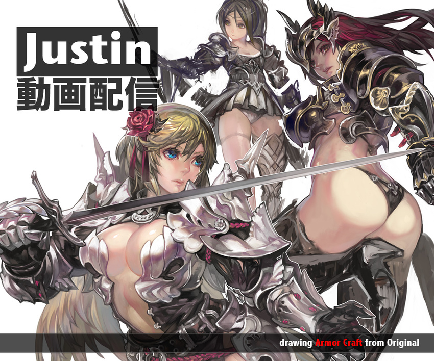 aoin armor armored_dress ass bad_id bad_pixiv_id belt bikini_armor black_hair blonde_hair blue_eyes boots breasts brown_eyes brown_hair cleavage dress flower gauntlets hair_flower hair_ornament large_breasts long_hair multiple_girls original sword thigh_boots thighhighs weapon work_in_progress