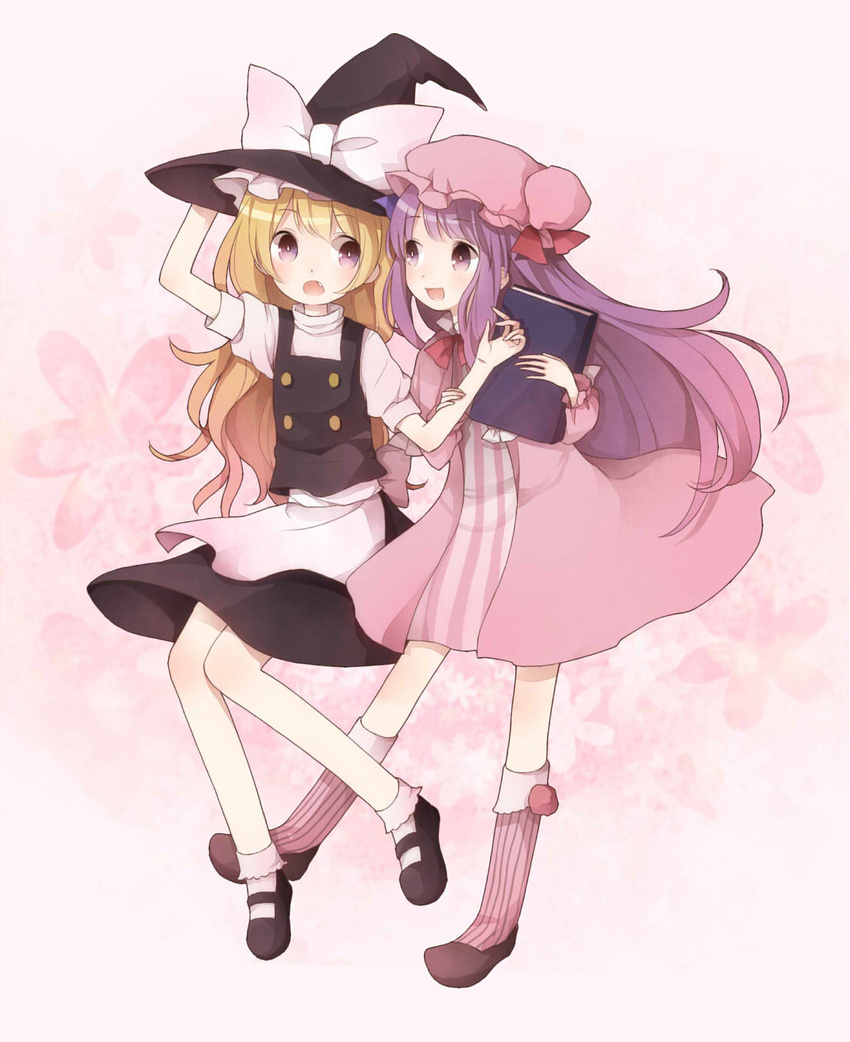 bad_id bad_pixiv_id blonde_hair blush book bow crescent dress fang floral_background full_body hat highres kirisame_marisa long_hair multiple_girls patchouli_knowledge pisuko purple_eyes purple_hair ribbon smile touhou witch_hat