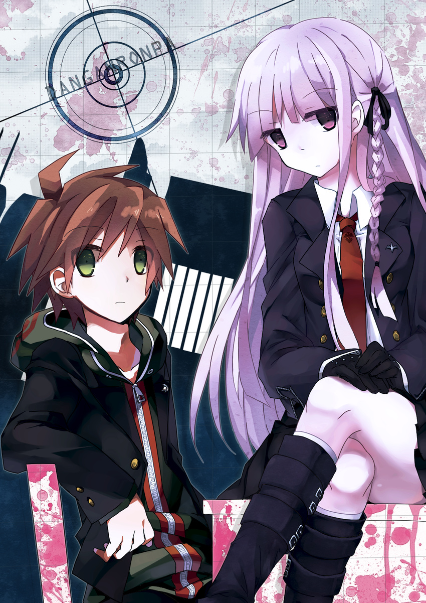 1girl bad_id bad_pixiv_id braid brown_hair collarbone crossed_legs danganronpa danganronpa_1 gloves green_eyes highres hood kirigiri_kyouko long_hair long_sleeves naegi_makoto necktie pink_hair purple_eyes side_braid single_braid sitting sweatshirt uko_(xioushotacon) very_long_hair zipper