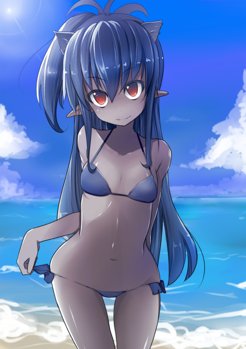 animal_ears bare_shoulders beach bikini blue_bikini blue_hair blush breasts cat_ears cloud dark_elf dark_skin day elf extra_ears grey_skin highres hips long_hair looking_at_viewer lowleg lowleg_bikini navel ocean original outdoors pointy_ears pon_(shind_997) ponytail red_eyes side-tie_bikini sky small_breasts smile solo sunlight swimsuit untying water