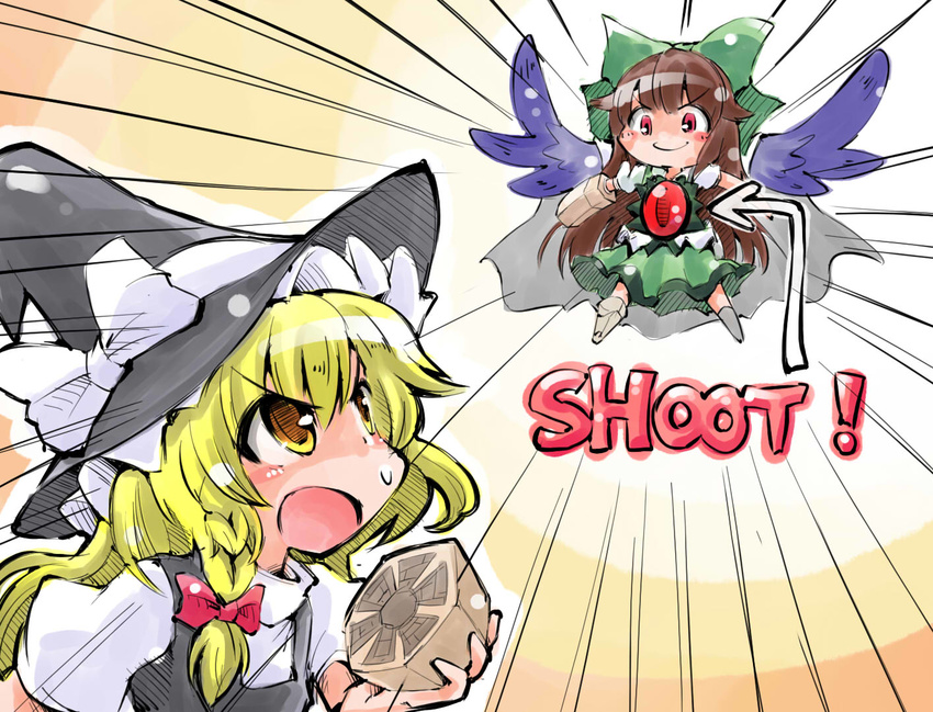 &gt;:) arm_cannon bird_wings black_dress blonde_hair bow braid brown_hair cape chibi directional_arrow dress english frown gameplay_mechanics hair_bow hair_ribbon hat hat_bow holding kirisame_marisa long_hair looking_at_another mini-hakkero multiple_girls open_mouth outstretched_arms puffy_sleeves red_eyes reiuji_utsuho ribbon shinapuu shirt shoes short_sleeves single_braid single_shoe skirt smile spread_arms third_eye touhou v-shaped_eyebrows weapon white_bow wings witch_hat yellow_eyes