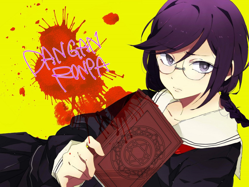 bad_id bad_pixiv_id book braid collarbone copyright_name danganronpa danganronpa_1 fukawa_touko glasses ichino_(444) long_sleeves purple_hair school_uniform short_hair skirt solo