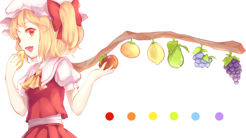 apple ascot blonde_hair blueberry blush bow eating fang flandre_scarlet food fruit grapes hair_bow hat highres hillly_(maiwetea) lemon open_mouth orange pear puffy_sleeves red_eyes short_hair side_ponytail simple_background skirt skirt_set smile solo touhou white_background wings