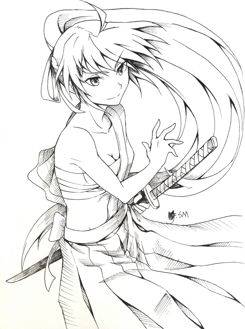 hadanugi_dousa highres katana long_hair lyrical_nanoha monochrome sarashi signum sm318 smile sword very_long_hair weapon