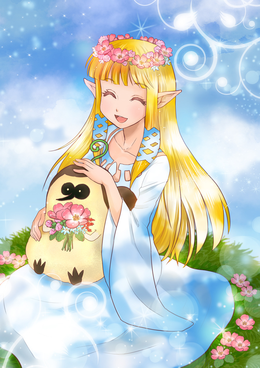 blonde_hair flower highres kikwi long_hair machi_(skyward_sword) pointy_ears princess_zelda sagawa_yumeko smile the_legend_of_zelda the_legend_of_zelda:_skyward_sword