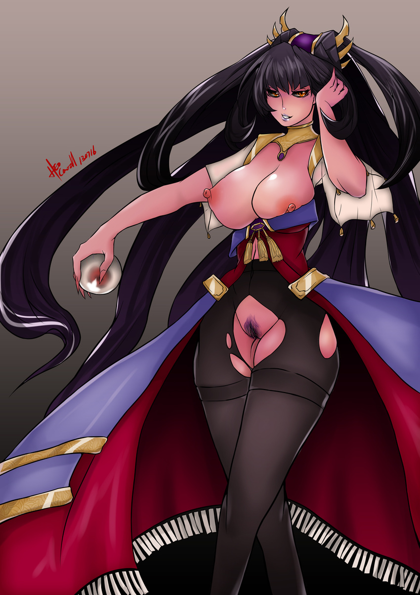 1girl agram agram_the_witch arad_senki areolae black_hair breasts breasts_outside caooll curvy dungeon_and_fighter female hair_ornament highres huge_breasts lipstick long_hair makeup nipples no_panties original pantyhose pubic_hair pussy skirt solo standing torn_clothes uncensored white_lipstick yellow_eyes
