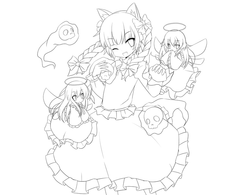 absurdres animal_ears bow braid cat_ears covering_mouth dress fang greyscale hair_bow halo hand_over_own_mouth highres kaenbyou_rin lineart long_hair looking_at_viewer miko_machi monochrome multiple_girls one_eye_closed open_mouth skull smile touhou twin_braids twintails wings zombie_fairy