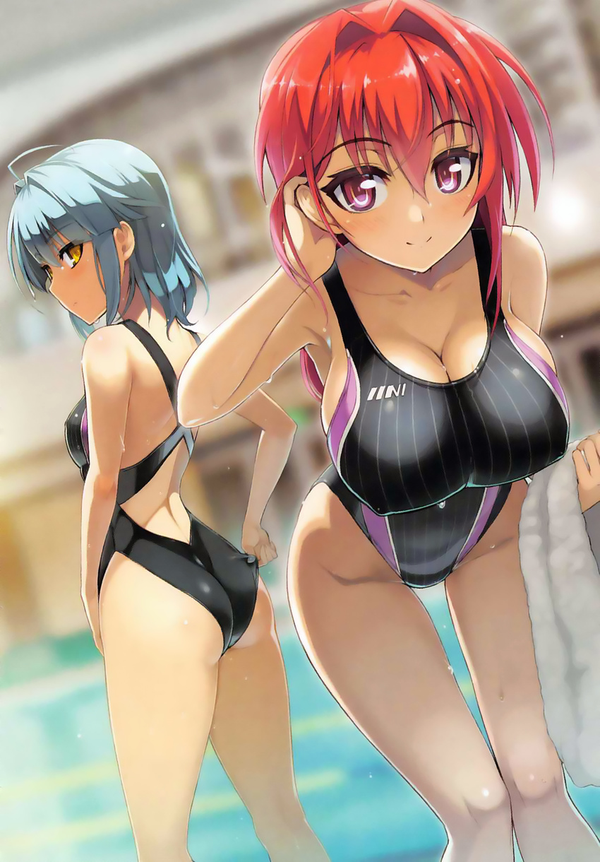 adjusting_clothes adjusting_swimsuit ahoge armpits ass back bangs bent_over black_swimsuit blue_hair breasts cleavage collarbone competition_swimsuit covered_nipples dutch_angle eyebrows_visible_through_hair hair_intakes hair_tucking highleg highleg_swimsuit highres holding kneepits lane_line large_breasts long_hair looking_back multiple_girls naruse_mio nonaka_yuki novel_illustration official_art one-piece_swimsuit ookuma_(nitroplus) pinstripe_pattern pool poolside purple_eyes red_hair scan shinmai_maou_no_testament short_hair sideboob sidelocks small_breasts smile striped swimsuit thigh_gap water wet yellow_eyes