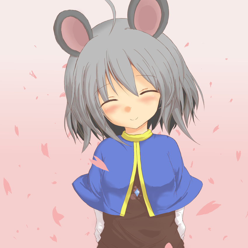 animal_ears arms_behind_back blush capelet cherry_blossoms closed_eyes facing_viewer greatmosu grey_hair happy highres jewelry mouse_ears nazrin pendant short_hair smile solo touhou