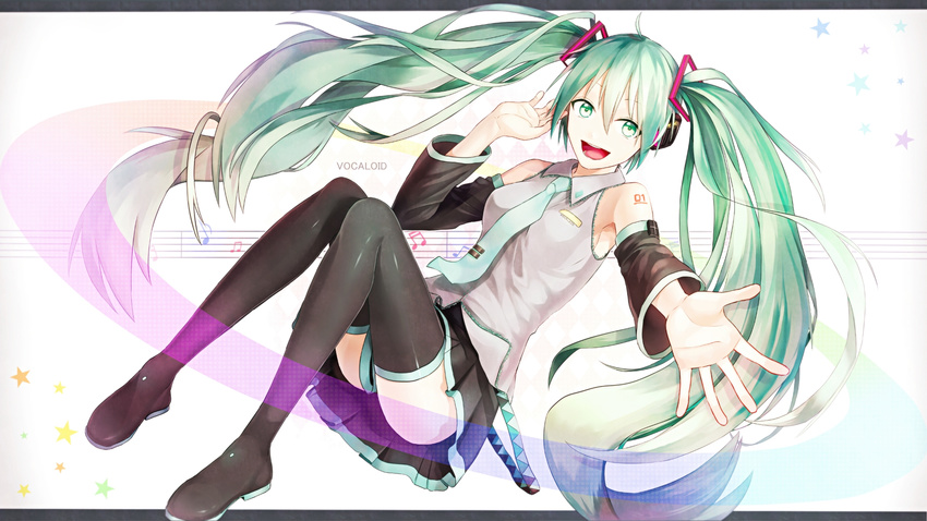 bad_id bad_pixiv_id boots copyright_name detached_sleeves green_eyes green_hair hatsune_miku headphones highres letterboxed long_hair musical_note necktie open_mouth outstretched_arm p.rupon sitting skirt solo star tattoo thigh_boots thighhighs twintails very_long_hair vocaloid