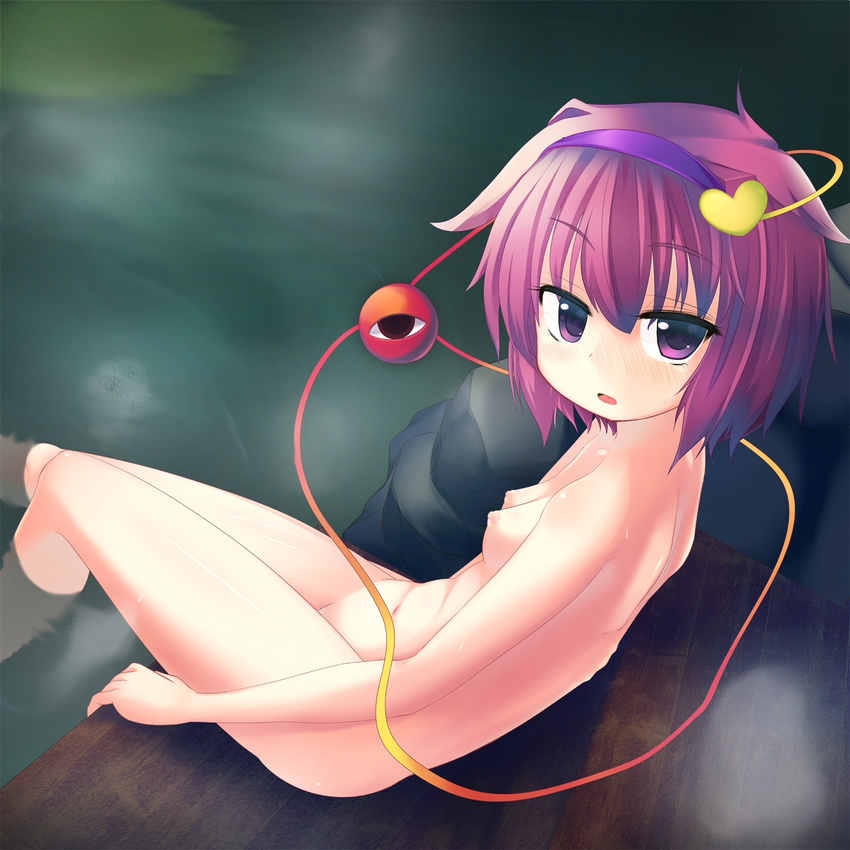 bad_id bad_pixiv_id breasts dutch_angle eila_yagyu hairband heart highres komeiji_satori looking_at_viewer navel nipples nude onsen open_mouth pink_hair purple_eyes short_hair sitting small_breasts soaking_feet solo spine third_eye touhou water