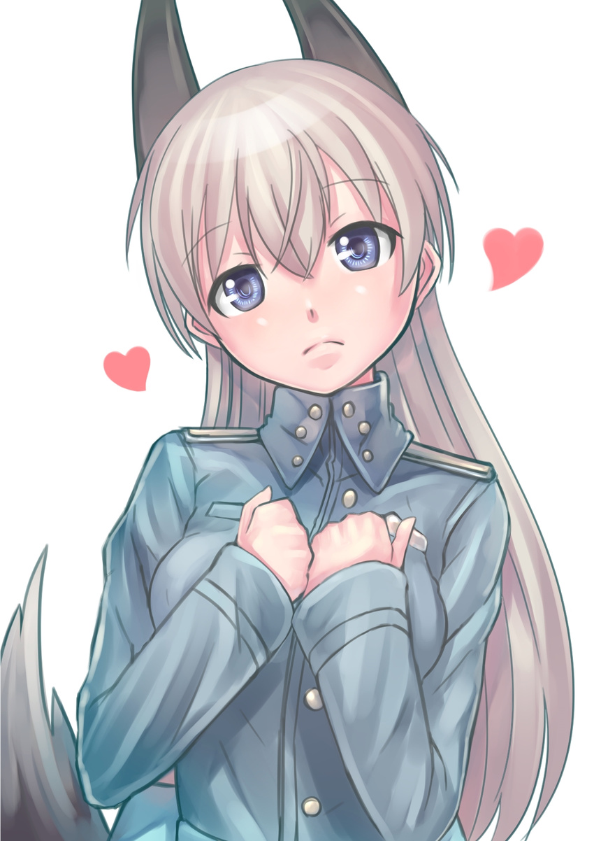 animal_ears blonde_hair blue_eyes breasts eila_ilmatar_juutilainen fox_ears fox_tail hands_on_own_chest head_tilt heart highres long_hair looking_at_viewer medium_breasts military military_uniform nanjyolno solo strike_witches tail uniform white_background world_witches_series