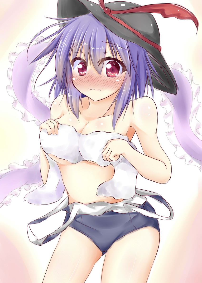 absurdres blush breasts cleavage collarbone covering covering_breasts hat hat_ribbon highres kuzumomo large_breasts looking_at_viewer nagae_iku one-piece_swimsuit purple_hair red_eyes ribbon school_swimsuit shawl solo swimsuit swimsuit_pull touhou towel underboob wavy_mouth