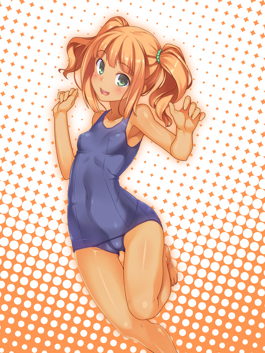 absurdres bare_legs bare_shoulders barefoot blush breasts cameltoe collarbone covered_nipples green_eyes highres idolmaster idolmaster_(classic) one-piece_swimsuit open_mouth orange_hair racer_(magnet) school_swimsuit short_hair small_breasts solo swimsuit takatsuki_yayoi tan twintails
