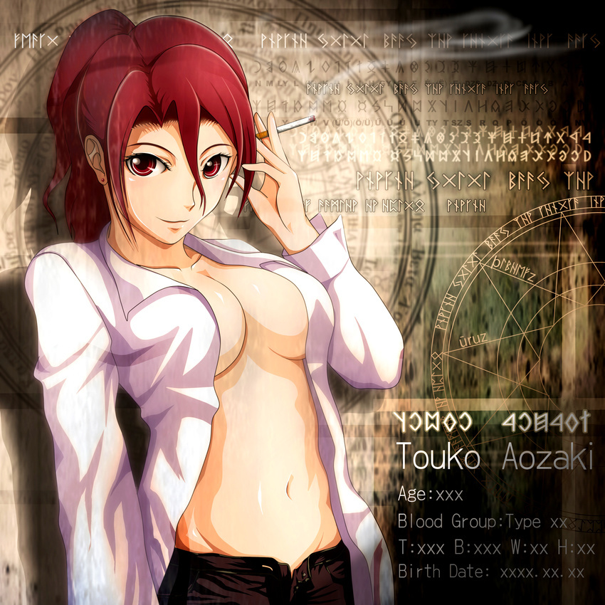 absurdres aozaki_touko breasts cigarette dress_shirt earrings english fe_(12141978) highres jewelry kara_no_kyoukai long_hair looking_at_viewer magic_circle medium_breasts navel open_clothes open_shirt ponytail red_eyes red_hair runes shirt solo unzipped