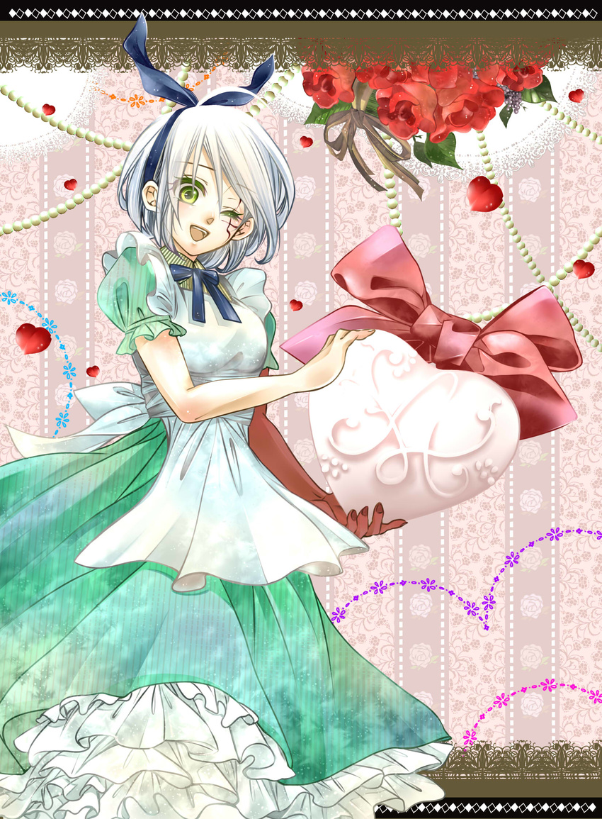 1girl allen_walker apron d.gray-man dress flower genderswap highres ribbon short_hair white_hair wink