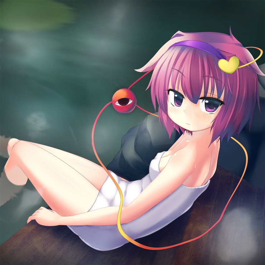 bad_id bad_pixiv_id breasts cleavage covered_nipples dutch_angle eila_yagyu hairband heart highres komeiji_satori looking_at_viewer naked_towel navel onsen open_mouth pink_hair purple_eyes short_hair sitting small_breasts soaking_feet solo third_eye touhou towel water