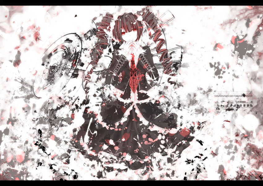 black_dress black_hair bonnet celestia_ludenberck danganronpa danganronpa_1 dress drill_hair full_body gothic_lolita highres letterboxed lolita_fashion long_hair looking_at_viewer necktie red_eyes red_neckwear ruuya_higashino simple_background smile solo twin_drills twintails very_long_hair white_background