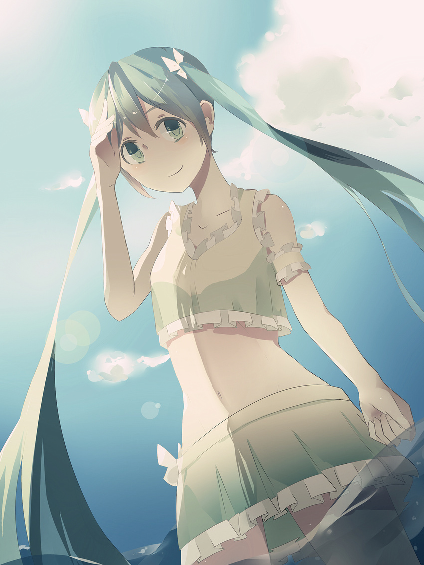 absurdres bad_id bad_pixiv_id cloud day dutch_angle green_eyes green_hair hatsune_miku highres hiroshiko_(restart) long_hair midriff skirt sky smile solo twintails very_long_hair vocaloid wading water