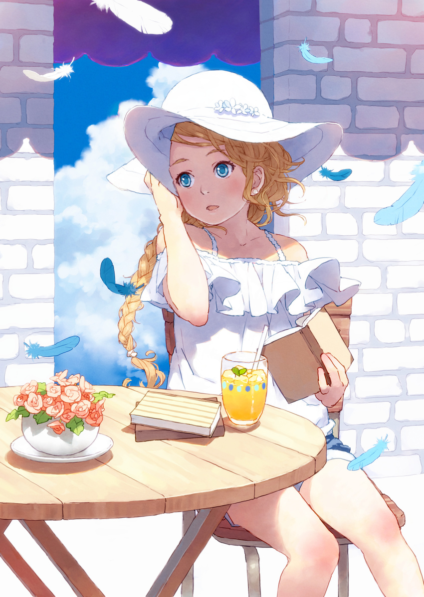 blonde_hair blue_eyes book braid day drink feathers flower hand_on_headwear hat highres long_hair orangina pood1e shorts single_braid sky solo sun_hat thighs