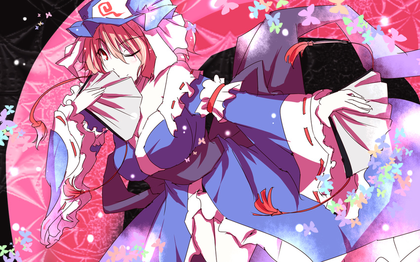 blue_dress breasts bug butterfly dress dual_wielding fan hat holding insect kinsenka large_breasts long_sleeves looking_at_viewer one_eye_closed outstretched_arm pink_hair red_eyes saigyouji_yuyuko sash smile solo touhou triangular_headpiece veil wallpaper wide_sleeves