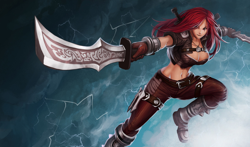 boots breasts cleavage dual_wielding gloves goomrrat green_eyes holding katarina_du_couteau knife league_of_legends long_hair medium_breasts midriff red_hair scar smile solo throwing_knife weapon