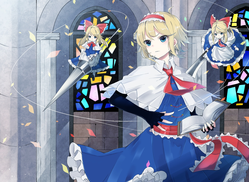alice_margatroid apron blonde_hair blue_eyes book brick_wall capelet doll dress elbow_gloves fingerless_gloves frills glaive gloves grimoire grimoire_of_alice hairband lance open_book petals pillar polearm sash shanghai_doll stained_glass string taiki_(ozone) touhou waist_apron weapon window