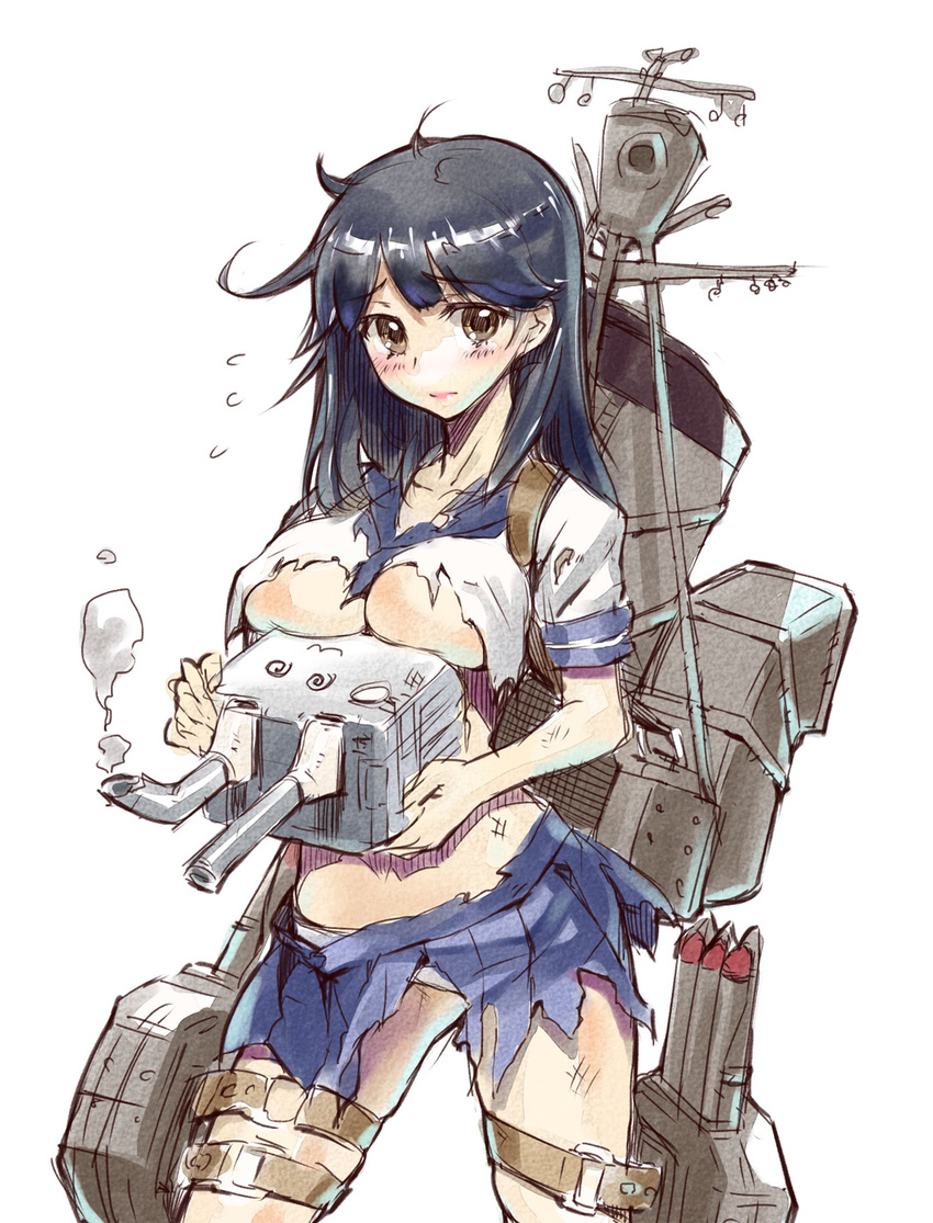 :3 @_@ blue_hair blush breast_rest breasts brown_eyes carried_breast_rest flying_sweatdrops highres kantai_collection lips long_hair mecha_musume medium_breasts messy_hair panties pleated_skirt school_uniform scratches serafuku sketch skirt solo takada_kazuhiro thigh_strap torn_clothes underwear ushio_(kantai_collection)