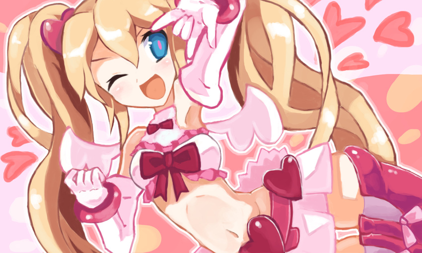 \m/ blonde_hair blush boots bow bracelet crop_top disgaea disgaea_d2 elbow_gloves flonne gloves heart jewelry long_hair midriff miniskirt multicolored multicolored_eyes open_mouth pink pink_bow pink_footwear pure_flonne rushiya seikan_hikou skirt solo twintails