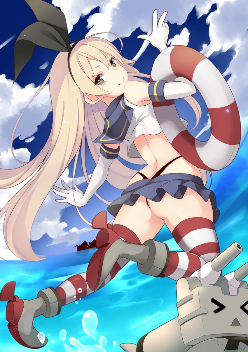 &gt;_&lt; absurdres ass bare_shoulders black_panties blonde_hair blush brown_eyes closed_eyes cloud crop_top crop_top_overhang day elbow_gloves from_behind gloves hair_ribbon highleg highleg_panties highres innertube kantai_collection kujou_ichiso long_hair looking_at_viewer looking_back midriff miniskirt panties rensouhou-chan ribbon sailor_collar shimakaze_(kantai_collection) skirt sky smile solo striped striped_legwear thighhighs thong underwear v water whale_tail white_gloves