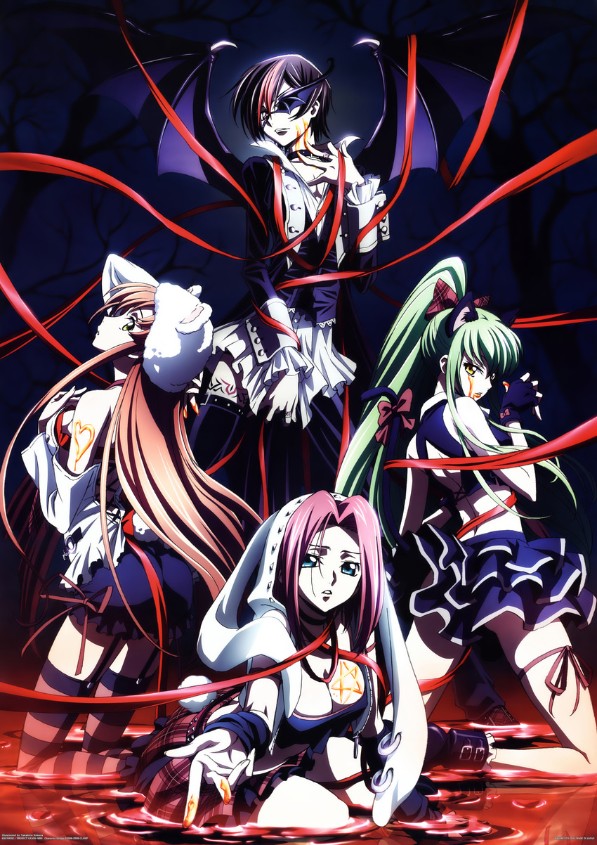 3girls absurdres all_fours breasts c.c. cleavage code_geass fabulous highres kallen_stadtfeld kimura_takahiro lelouch_lamperouge long_hair long_legs looking_at_viewer medium_breasts multiple_girls official_art ponytail scan shirley_fenette spikes standing thighhighs very_long_hair