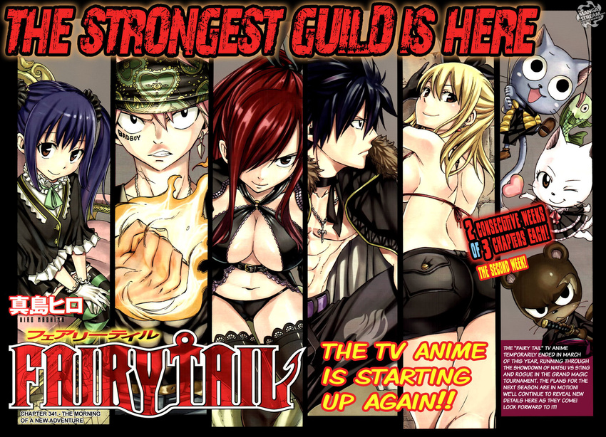 ass black_hair blonde_hair blue_hair breasts charle_(fairy_tail) cleavage copyright_name erza_scarlet fairy_tail fire gray_fullbuster happy_(fairy_tail) highres huge_breasts legs looking_at_viewer lucy_heartfilia mashima_hiro midriff natsu_dragneel official_art pantherlily pink_hair pose posing red_hair sideboob tattoo thighhighs wendy_marvell white_hair