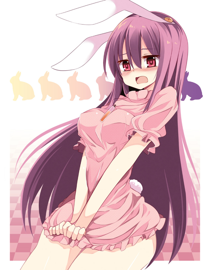 animal_ears bad_anatomy blush breasts bunny bunny_ears bunny_tail cosplay dress dress_tug highres inaba_tewi inaba_tewi_(cosplay) jewelry long_hair maturiuta_sorato medium_breasts open_mouth pendant pink_skirt purple_hair red_eyes reisen_udongein_inaba skirt solo tail touhou v_arms