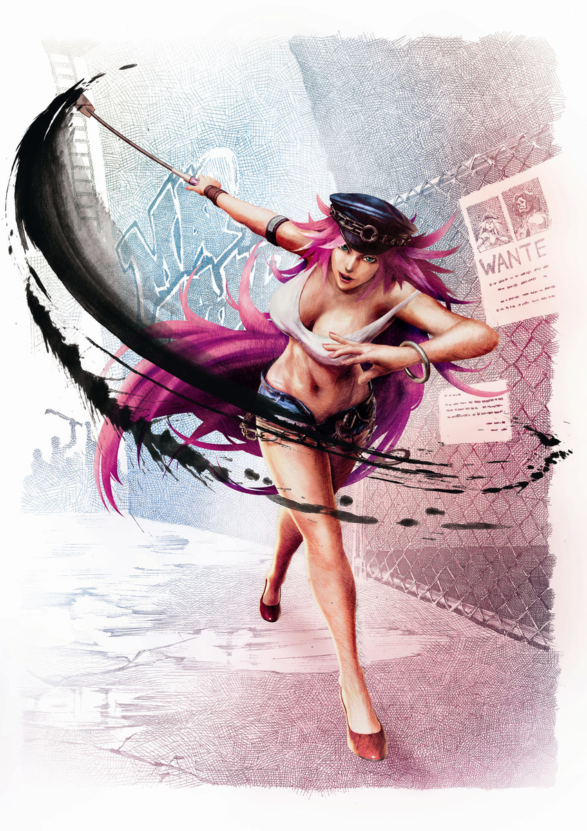 armlet bare_legs big_hair blue_eyes breasts chain denim denim_shorts final_fight hat high_heels highres hugo_andore ikeno_daigo inkblot large_breasts legs long_legs official_art peaked_cap pink_hair poison_(final_fight) riding_crop shoes short_shorts shorts solo street_fighter street_fighter_iv_(series) tank_top thighs wanted