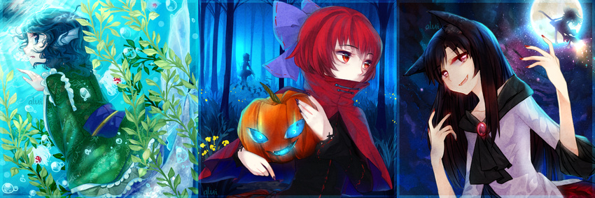 aluikaiser animal_ears bad_id bad_pixiv_id blue_eyes blue_hair bow brown_hair cape fang fingernails forest full_moon grass_root_youkai_network imaizumi_kagerou izayoi_sakuya jack-o'-lantern kirisame_marisa long_hair mermaid monster_girl moon multiple_girls nature open_mouth pumpkin red_eyes red_hair sekibanki short_hair smile touhou wakasagihime wolf_ears