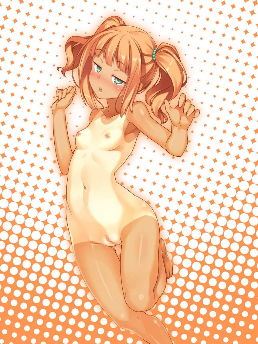 absurdres areolae armpits barefoot blush breasts collarbone green_eyes highres idolmaster idolmaster_(classic) navel nipples nude open_mouth orange_hair pussy racer_(magnet) short_hair small_breasts solo takatsuki_yayoi tan twintails