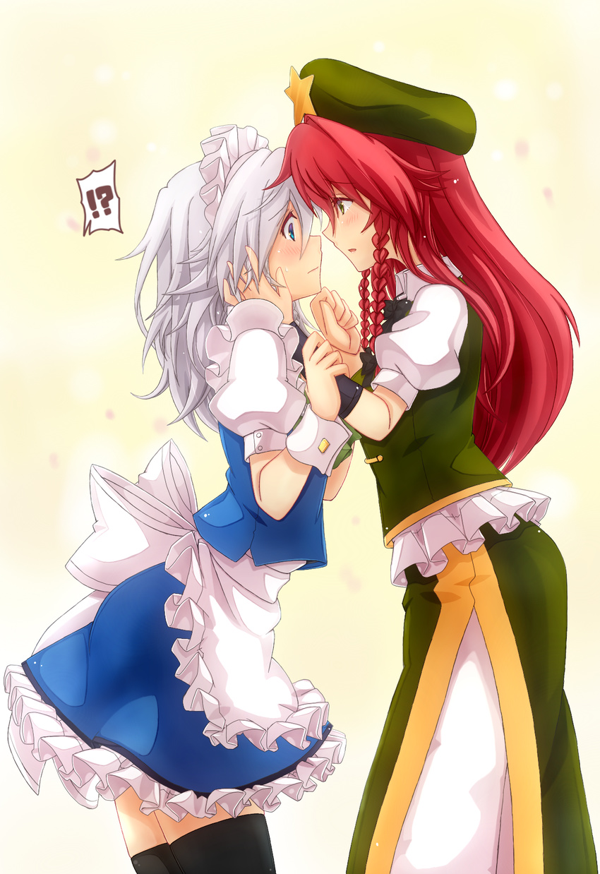 2girls apron black_legwear blue_eyes blush bow braid commentary eye_contact green_eyes hair_bow hat highres hong_meiling izayoi_sakuya long_hair looking_at_another maid maid_headdress mickey_dunn multiple_girls short_sleeves silver_hair thighhighs touhou twin_braids waist_apron wrist_cuffs yuri