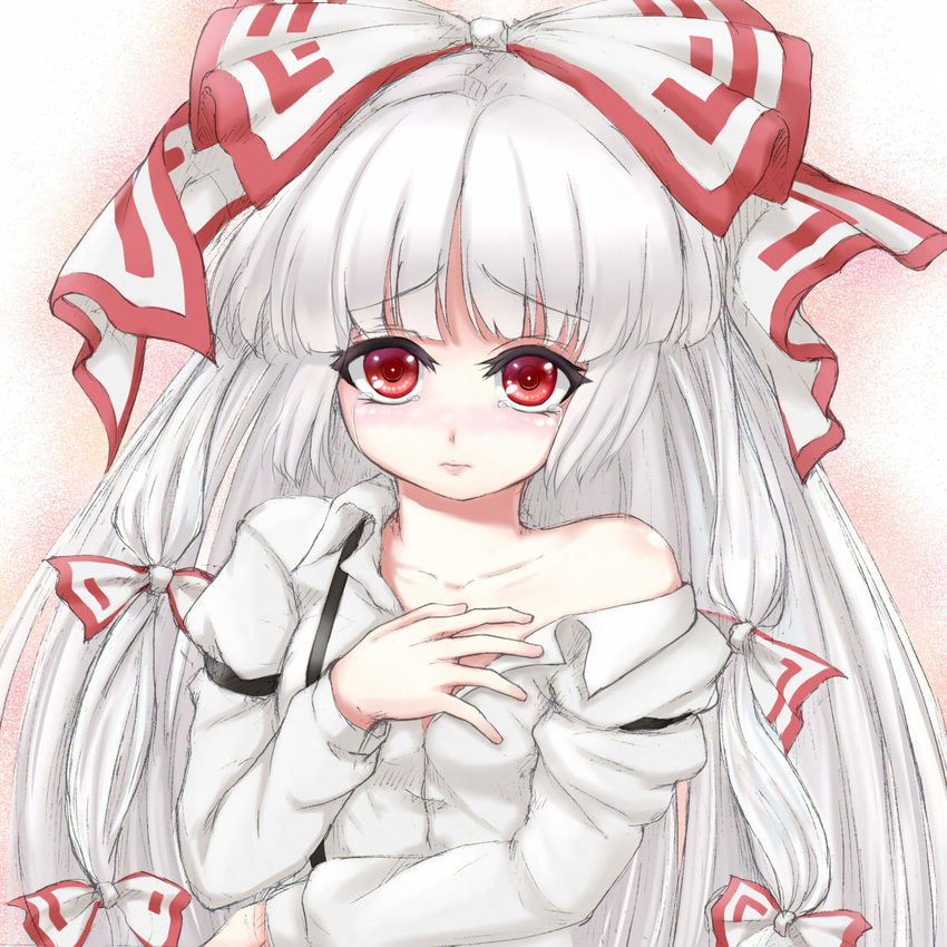 armband bad_id bad_pixiv_id blush collarbone crying crying_with_eyes_open embarrassed fujiwara_no_mokou gradient gradient_background hair_ribbon hand_on_own_chest lips long_hair long_sleeves looking_at_viewer off_shoulder red_eyes ribbon simple_background solo streaming_tears sudako_(dai011305) suspenders tears touhou very_long_hair white_hair