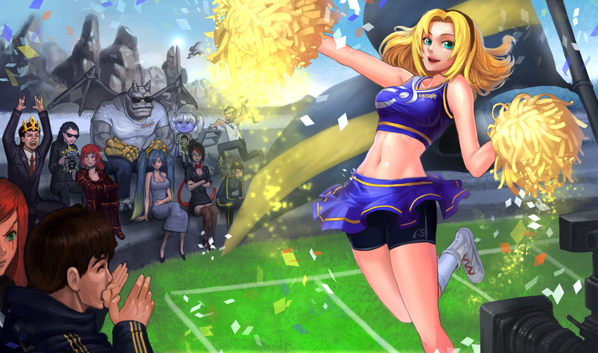 6+girls :i bird blonde_hair blue_eyes blue_skin breasts buruma camera cheerleader cleavage crown fiora_laurent flag formal galio garen_crownguard goomrrat grey_hair headband highres jarvan_lightshield_iv katarina_du_couteau league_of_legends luxanna_crownguard medium_breasts midriff miniskirt multiple_boys multiple_girls navel pom_poms poppy pout quinn rammus red_hair shauna_vayne shyvana skirt sona_buvelle suit suitcase twintails valor_(league_of_legends) xin_zhao yordle