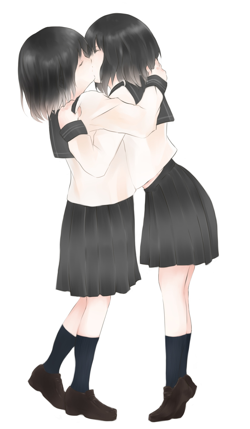 black_hair clockrabbit1865 closed_eyes clothes_grab highres hug kiss multiple_girls original school_uniform serafuku shoes short_hair simple_background skirt socks tiptoe_kiss tiptoes yuri