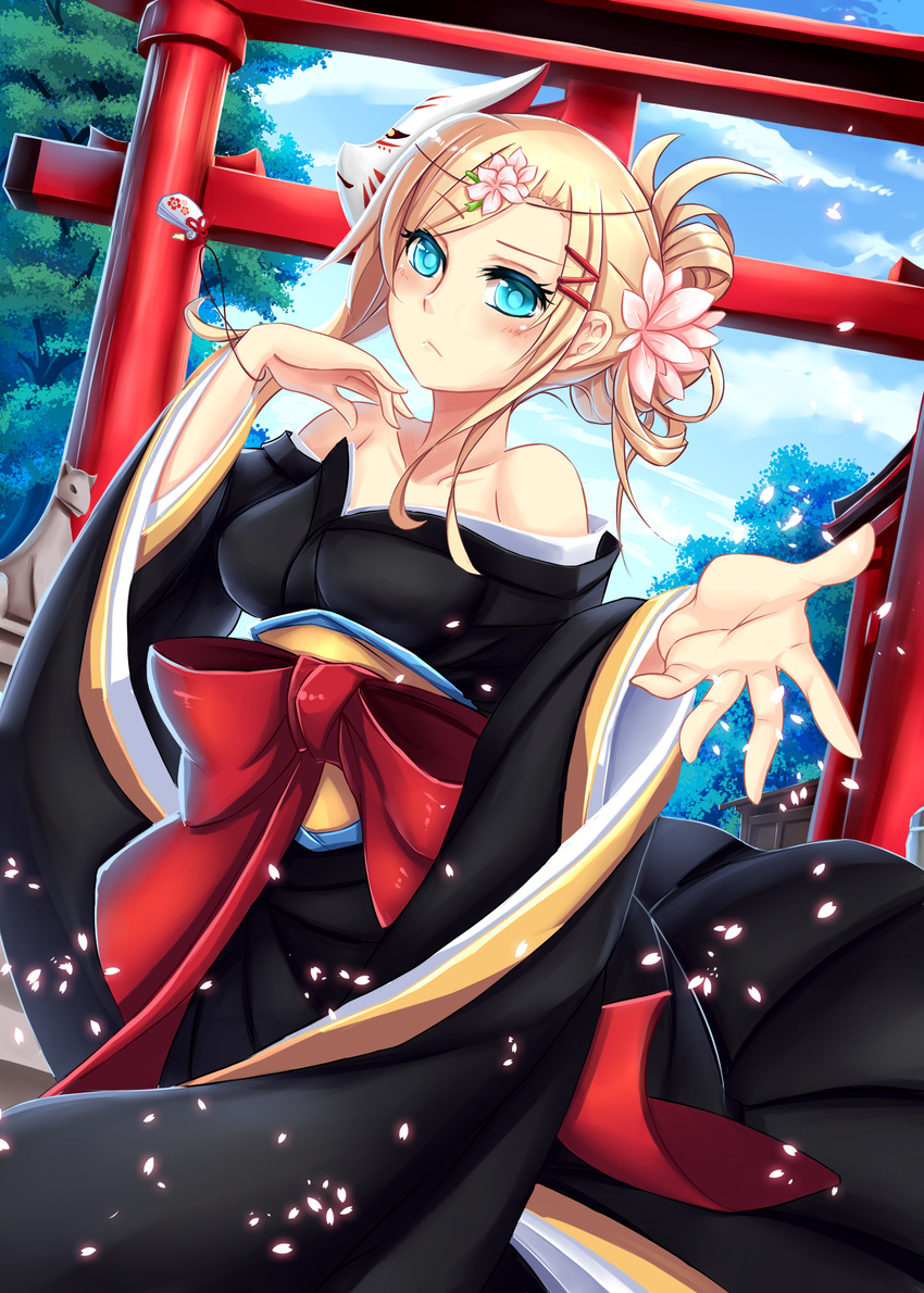 absurdres annie_leonhardt blonde_hair blue_eyes flower hair_flower hair_ornament highres japanese_clothes kimono mask sekigan shingeki_no_kyojin short_hair solo tree